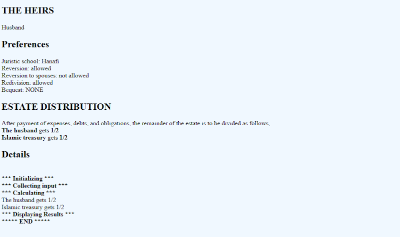 Islamic inheritance calculator showing Baitul Maal receiving 50%